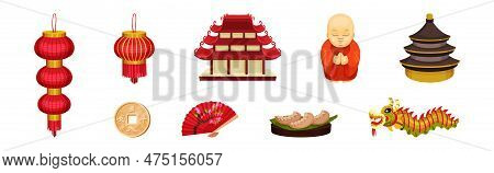 Chinese Culture Symbols With Pagoda Temple And Buddhist Monk Vector Set