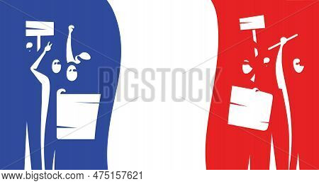 Vector Silhouette Of Striking People. People Took To The Street To Express Their Opinion. Banner Wit