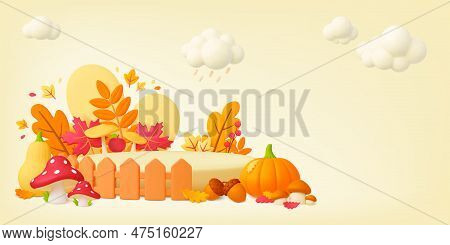 Yellow Autumn 3d Banner, Acorns And Mushrooms. Empty Podiums And Vibrant Leaves, Thanksgiving Or Har