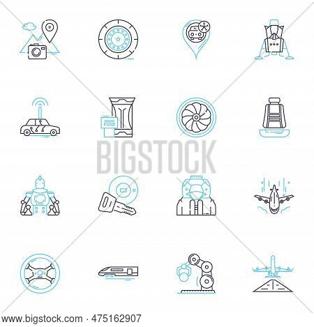 Aeroplane Linear Icons Set. Wings, Jet, Cockpit, Propellers, Altitude, Cabin, Control Line Vector An