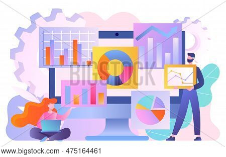 Data Analysis Concept. Man And Woman With Laptop Analyze Graphs, Diagrams And Charts. Marketing Rese