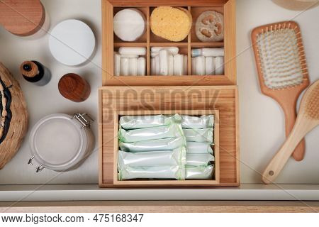 Keeping Tampons And Other Self Care Products In Drawer, Flat Lay