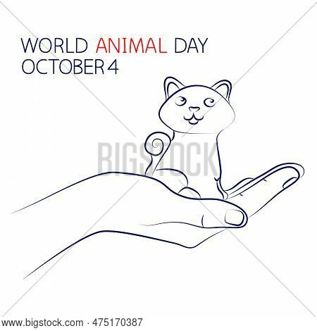 World Animal Day On October 4. Wild Cat Sits In Human Palm. Responsibility For Welfare Of Wild Anima