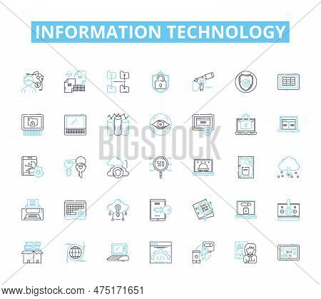 Information Technology Linear Icons Set. Digital, Nerk, Cloud, Cybersecurity, Coding, Analytics, Web