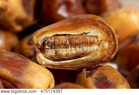 Macro Of Date Palm Fruit Or Phoenix Dactylifera Isolated On Date Palm Fruit Stack