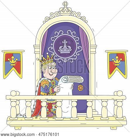 Funny Angry King In A Golden Crown Standing On A Balcony Of A Palace And Proclaiming His Important R