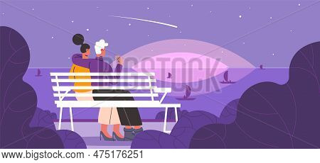 Couple Romantic Walking. Man And Woman In Love Sitting On Bench And Admire Watching Sunset. Evening 