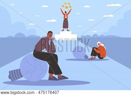 Lightbulb Burnout Idea. People With Broken Lamps. Unrealized Plans And Unsolved Tasks. Creative Happ