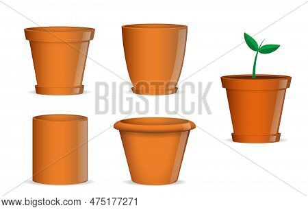 Set Realistic Empty Flower Pot Or Terra Cotta Flower Pot With Young Plant - 3d Illustrator