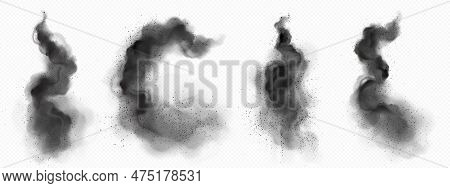 Realistic Set Of Black Smoke Trails Isolated On Transparent Background. Vector Illustration Of Abstr