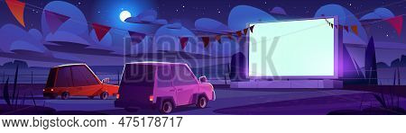 Night Drive In Outdoor Cinema Parking Illustration. Theater Festival With Garland For Auto On Big Sc