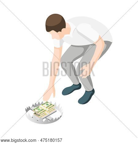 Finance Risk Financial Illiteracy Easy Money Isometric Concept With Man Taking Money From Trap 3d Ve