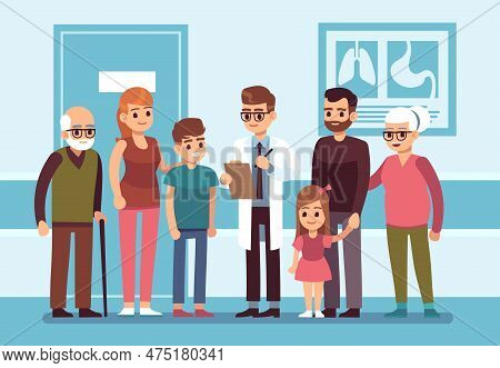 Male Family Doctor Consults With Large Family. Professional Medic Staff In Clinic Or Hospital. Pedia