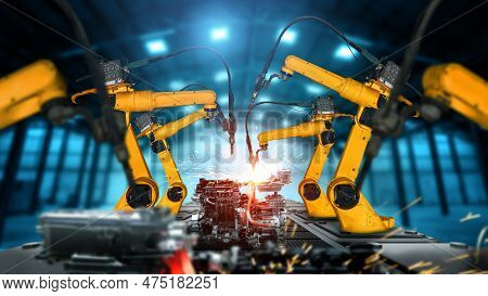 Mechanized Industry Robot Arm For Assembly In Factory Production Line . Concept Of Artificial Intell