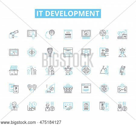 It Development Linear Icons Set. Coding, Programming, Debugging, Testing, Deployment, Integration, A