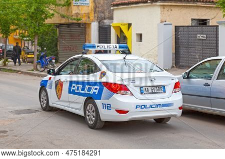 Tirana, Albania - April 22 2019: Police Car (policia) Entering The Gate A Police Station In The City