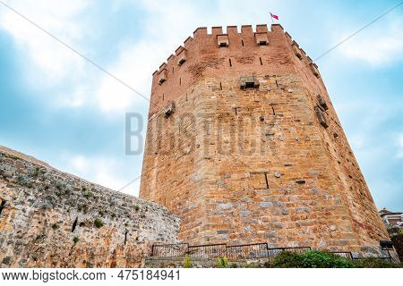 Ancient Red Tower In Alanya Turkey On A Sunny Day