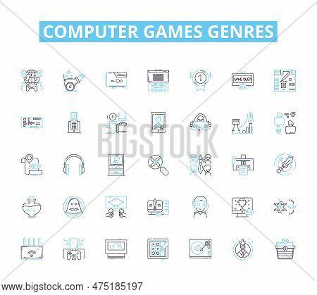 Computer Games Genres Linear Icons Set. Action, Adventure, Puzzle, Strategy, Simulation, Role-playin