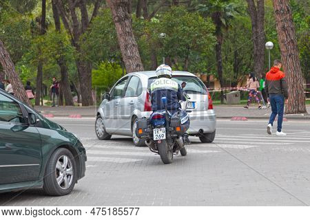 Tirana, Albania - April 22 2019: Biker Of The Road Police (policia Rrugore) In Patrol.