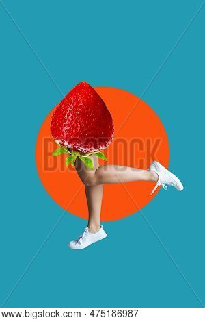 Contemporary Digital Collage Art. Lady Strawberry. Vitamins, Freshness, Vegan Lover Funny Concept