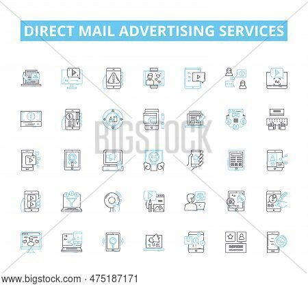 Direct Mail Advertising Services Linear Icons Set. Mailers, Flyers, Postcards, Brochures, Envelopes,