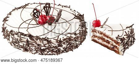 Cake With Chocolate And Chery Fuits. Birthday Pie With Slice Isolated On White Bakcground