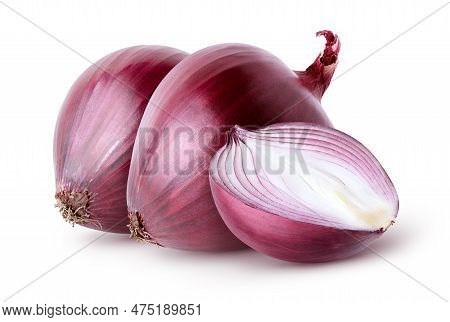 Isolated Onions. Two Whole Red Onion And Half Isolated On White Background With Clipping Path
