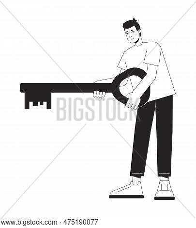 Beginner Startupper Holding Key To Business Flat Line Black White Vector Character