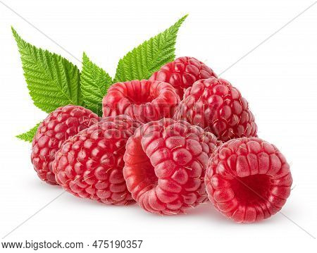 Isolated Berries. Bunch Of Raspberry Fruits With Leaves Isolated On White Background, With Clipping 