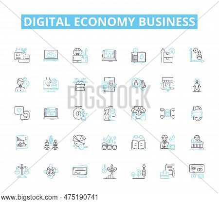 Digital Economy Business Linear Icons Set. Innovation, E-commerce, Startup, Cryptocurrency, Blockcha