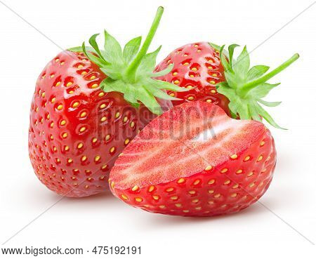 Isolated Strawberries. Two Whole Strawberry Fruits And Half Isolated On White Background, With Clipp