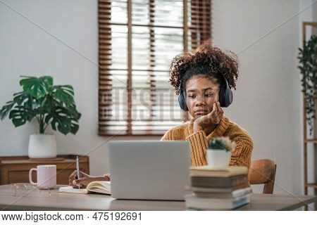 Young Teenager Asian Woman Prepare Learning Study Listen From Online Class Video Call Zoom Google Me
