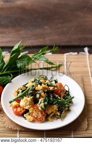 Northern Thai Food, Stir Fried Gurmar Leaf (gymnema Inodorum) With Egg, Local Food