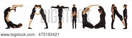 Black Dressed People Forming Cation Word Over White