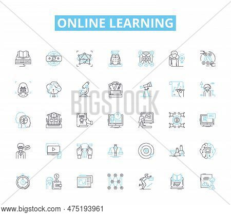 Online Learning Linear Icons Set. E-learning, Distance Learning, Cyberlearning, Virtual Learning, We