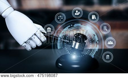 Ai Related Law Concept Shown By Robot Hand Using Lawyer Working Tools In Lawyers Office With Legal A