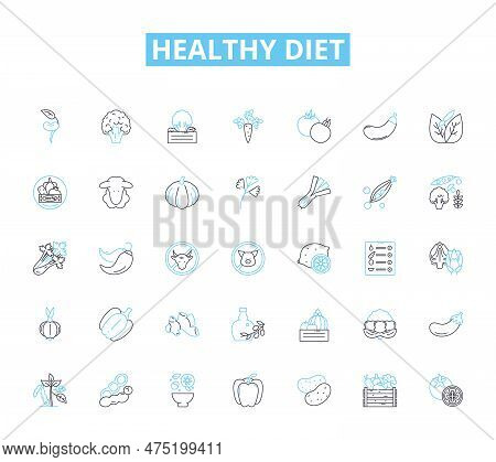 Healthy Diet Linear Icons Set. Nutrition, Cleanse, Balance, Grains, Meal-prep, Hydrate, Proteins Lin