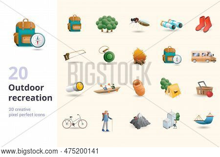 Outdoor Recreation Set. Creative Icons: Backpack Bag, Forest, Mosquito, Binoculars, Boots, Bow Saw, 