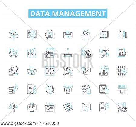 Data Management Linear Icons Set. Organization, Structuring, Integration, Analysis, Cleansing, Valid