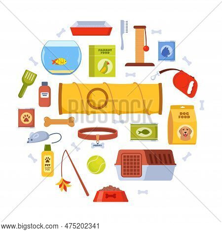 Pet Accessories And Food Set. Dogs And Cats Supplies, Pet Shop Equipment, Toys, Home, Bowl, Cage, Sc