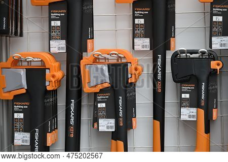 Kaunas, Lithuania - March 30, 2023: Fiskars Axes Close-up At International Agricultural Show In Kaun