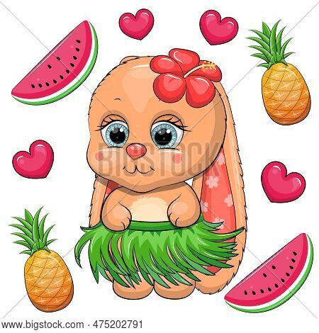 Cute Cartoon Hawaiian Rabbit With Red Flower And Green Skirt. Summer Vector Illustration Of An Anima