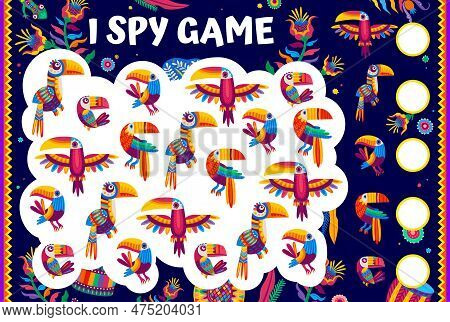 I Spy Game Worksheet With Mexican Cartoon Toucan Birds, Vector Puzzle Quiz. Find And Match Two Same 