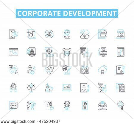 Corporate Development Linear Icons Set. Strategy, Growth, Innovation, Planning, Collaboration, Execu