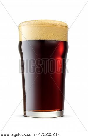 British Style Imperial Pint Glass Of Fresh Delicious Dark Stout Beer With Cap Of Foam Isolated On Wh