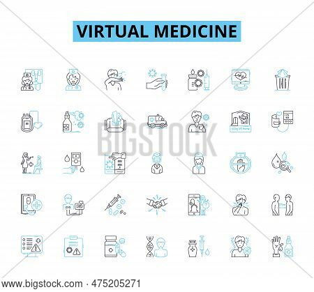 Virtual Medicine Linear Icons Set. Telemedicine, Distance Healthcare, Remote Diagnosis, Virtual Cons