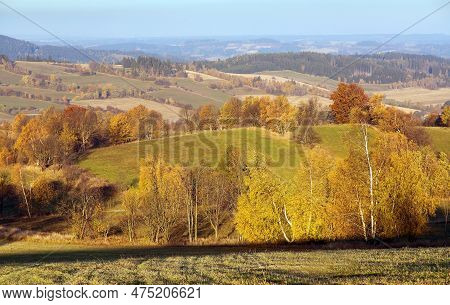 Autumn Panorama From Bohemian And Moravian Highland, View From Konikov Vecov Village, Zdarske Vrchy,