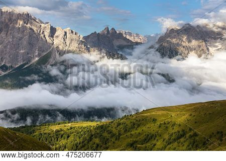 Panoramic View Of The Sexten Dolomites Mountains Or Dolomiti Di Sesto From Carnian Alps Mountains, T