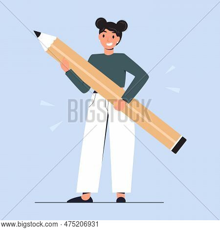 Business Woman Holds Big Pencil. Confident Female Writer Or Content Manager Stands With Pen. Copywri