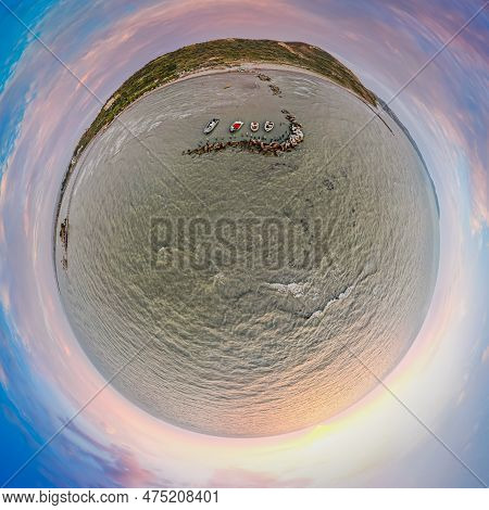 Tiny Planet Of Coast In Sunset Above Sea By Village Karpen In Albania, Europe